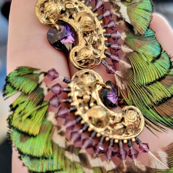 Artisan Filgree Ashlock Peacock Feather Amethyst 23k Gold Plated Earrings - Picture 8 of 12
